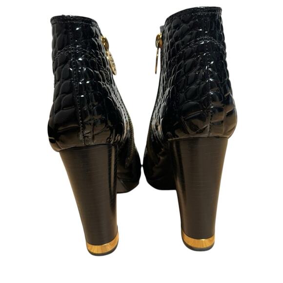 Tory Burch Leigh Black Patent Leather Croc Quilted Bootie Gold Hardware Size 9 - Picture 5 of 11